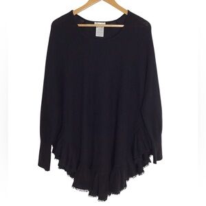 Minnie Rose Black Cashmere Long Sleeve Ruffle Fringe Trim Poncho Style Sweater